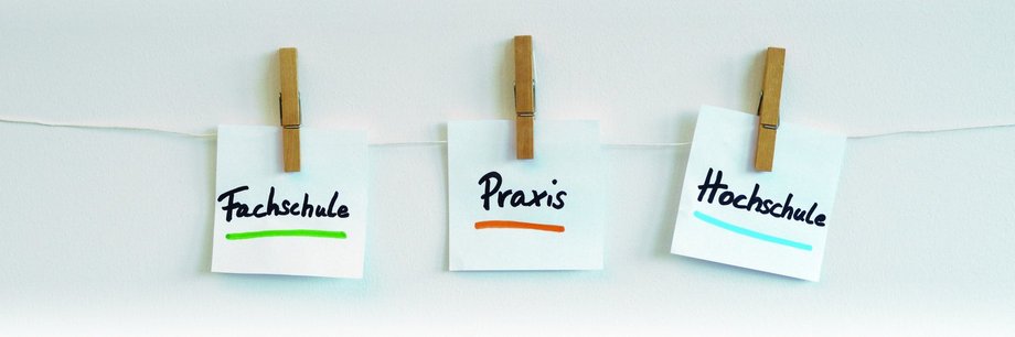 Drei kleine Zettel hängen mit Wäscheklammern an einer Leine. Auf den Zetteln steht: "Fachschule", "Praxis" und "Hochschule.